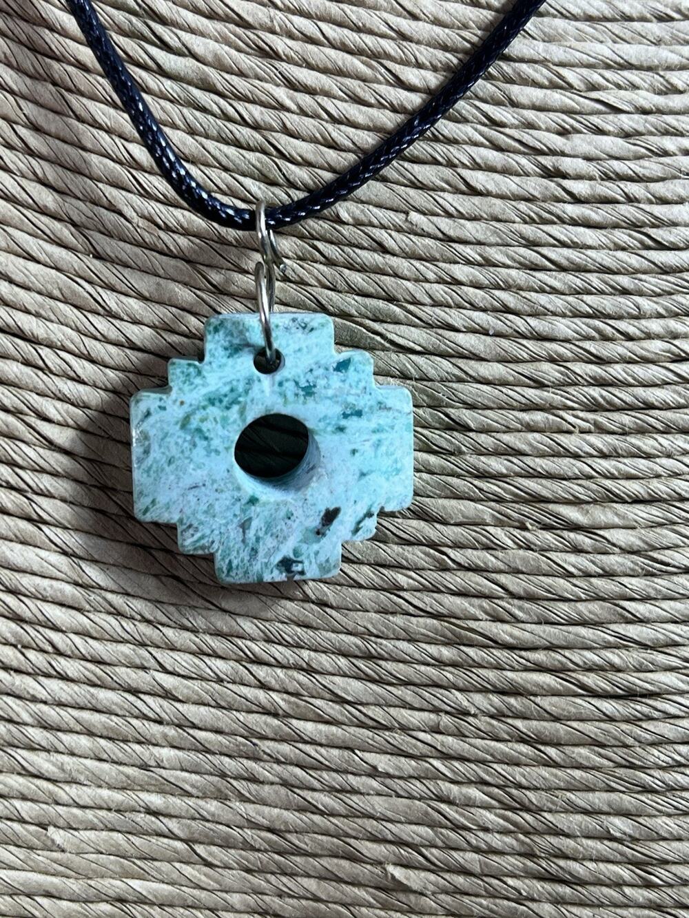 Chrysocolla Natural Stone Chakana Pendant Handmade in Peru 0.75" Inca Cross